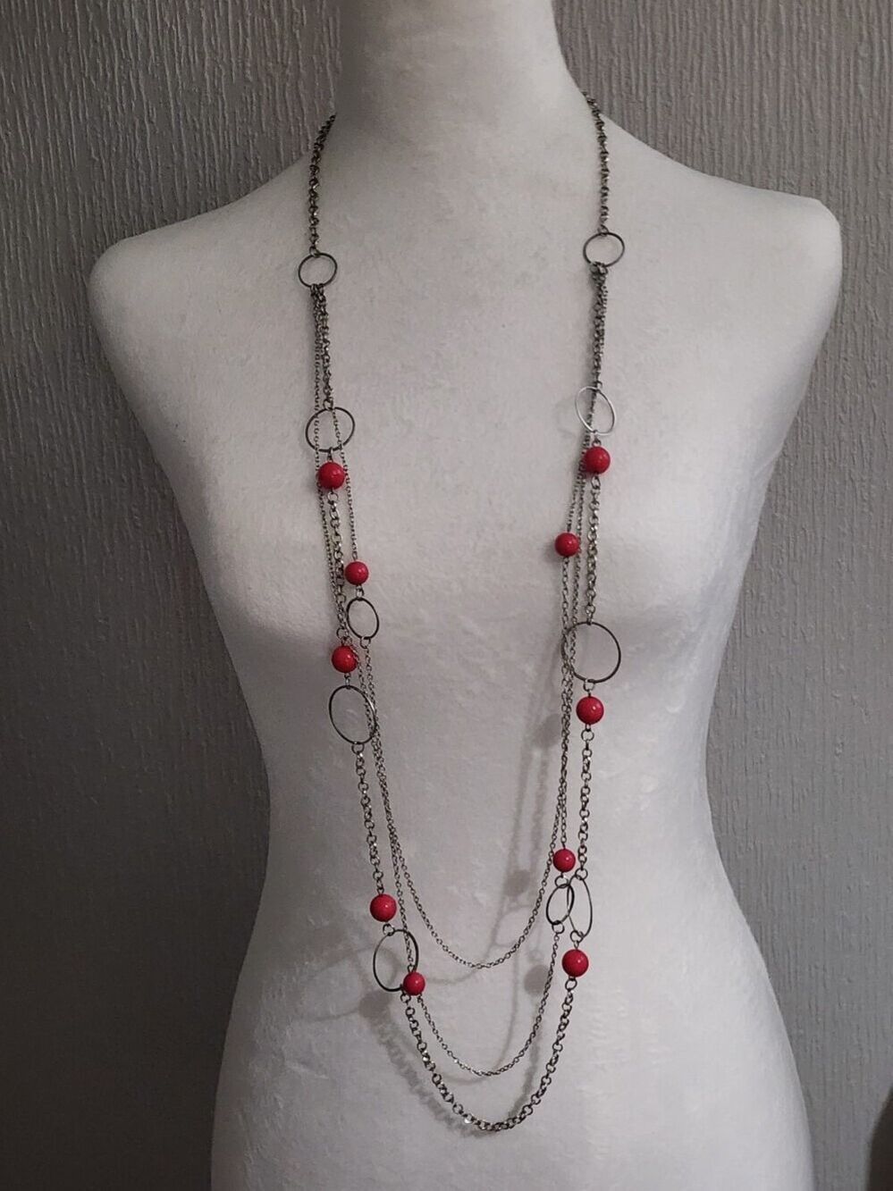 Silvertone Multi-Chain Necklace with Red Beads